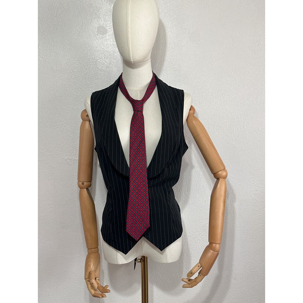 VTG Y2K MKM Pin Striped Low Cut Lace Tie Back Vest XL Black Corpcore Girl Boss